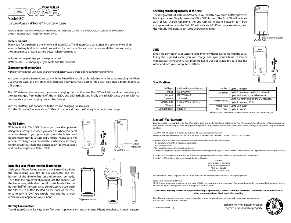 Lenmar BC4 User Manual | 3 pages