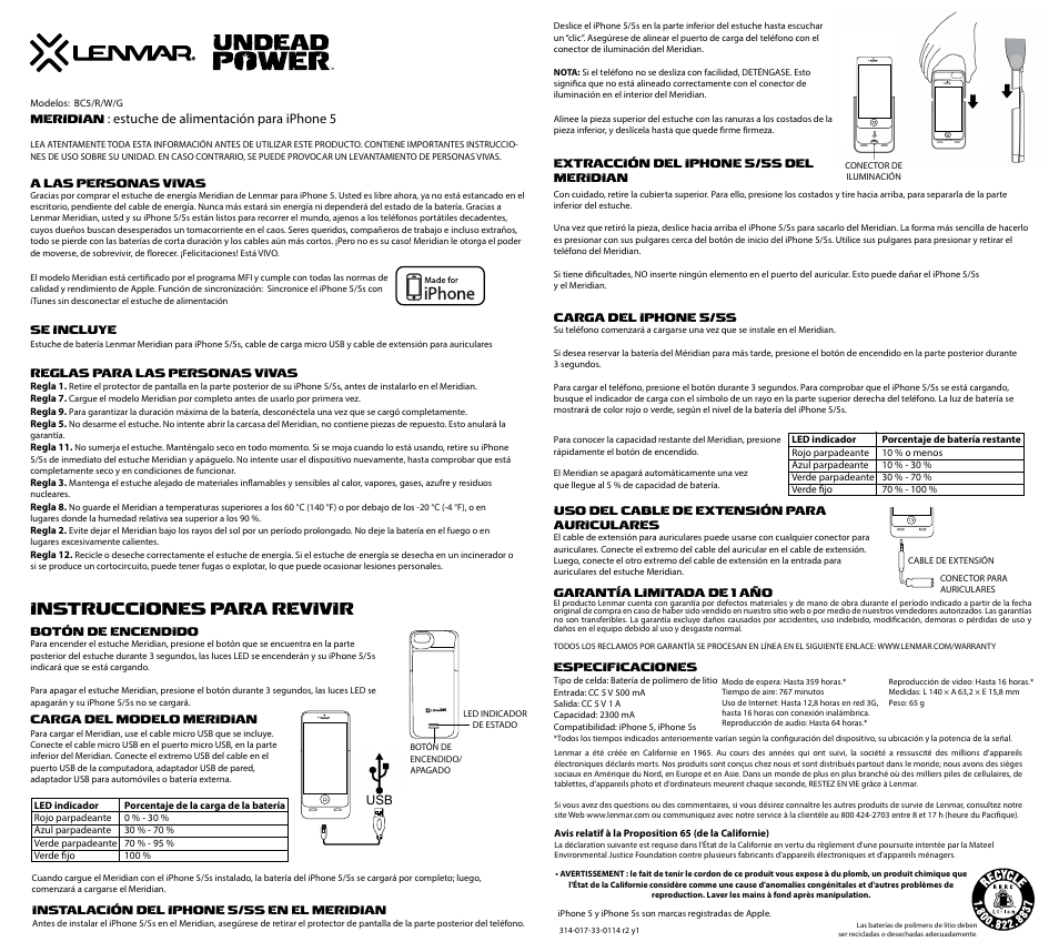 Bc5 spa2.ai, Instrucciones para revivir, Estuche de alimentación para iphone 5 | Lenmar BC5 User Manual | Page 3 / 3