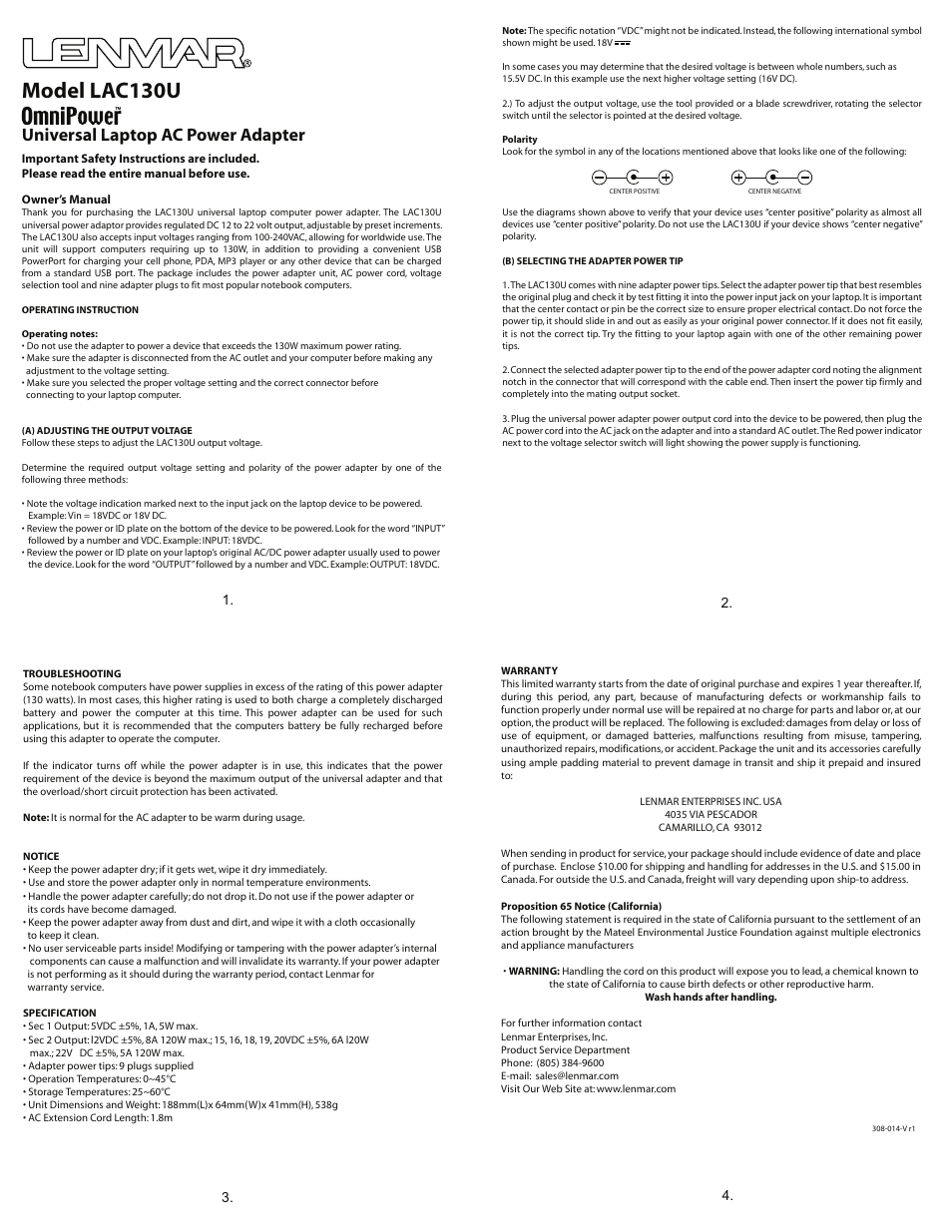 Lenmar LAC130U User Manual | 1 page