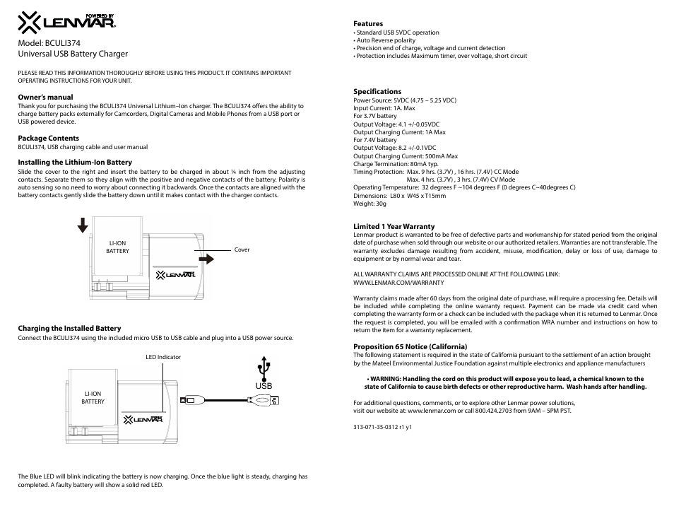 Lenmar BCULI374 User Manual | 3 pages