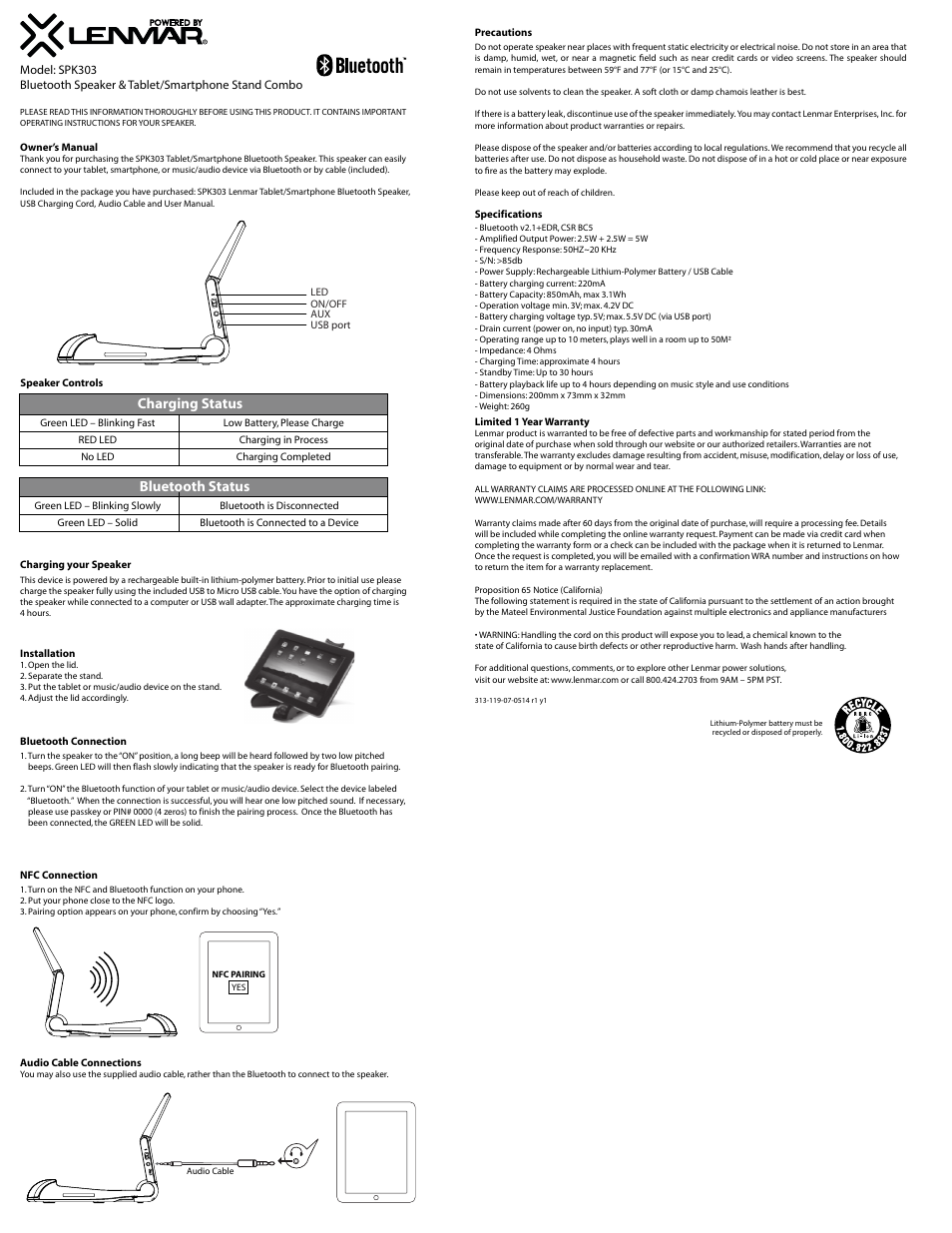 Lenmar SPK303 User Manual | 1 page
