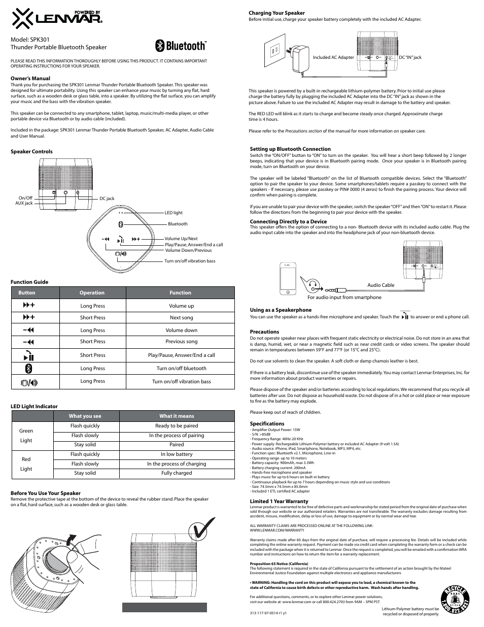 Lenmar SPK301 User Manual | 1 page