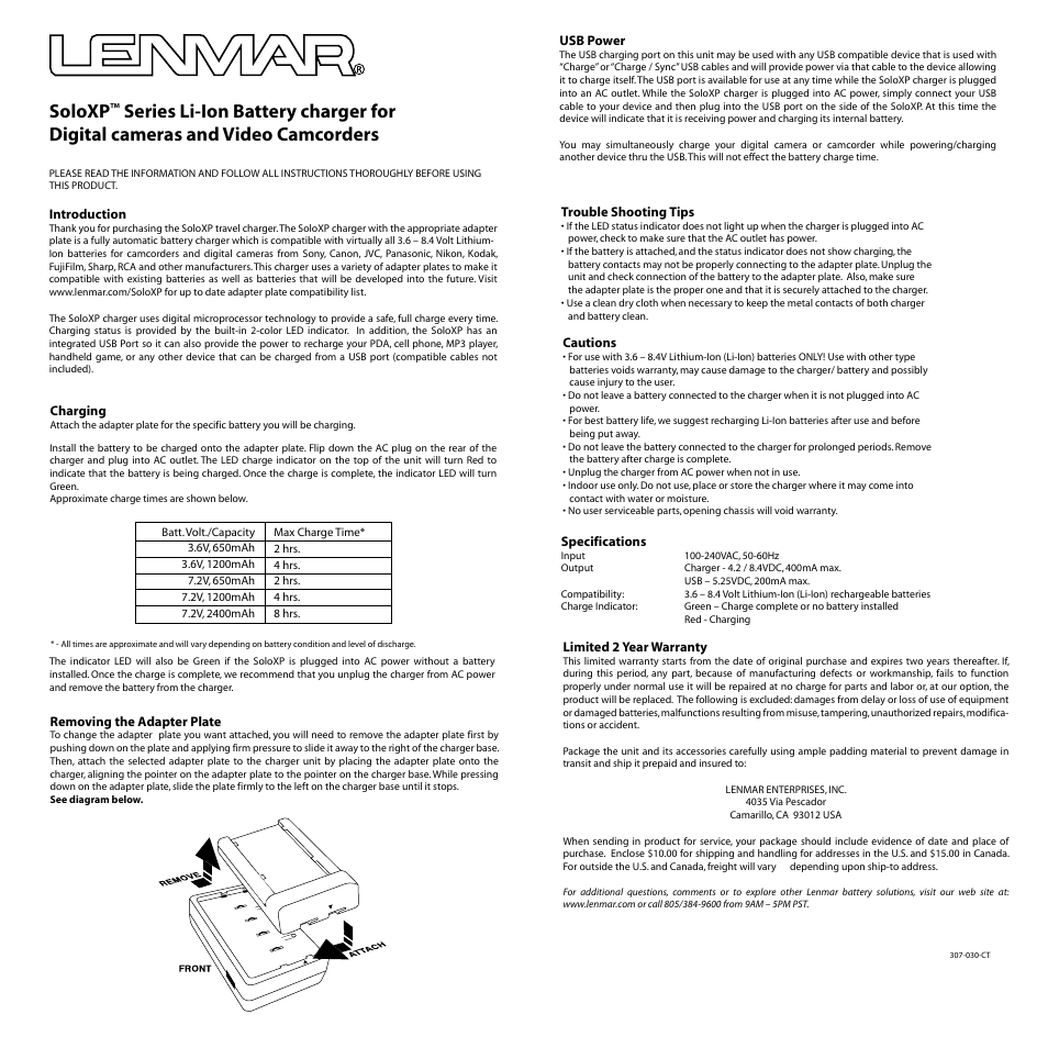 Lenmar SOLOXP-C User Manual | 1 page