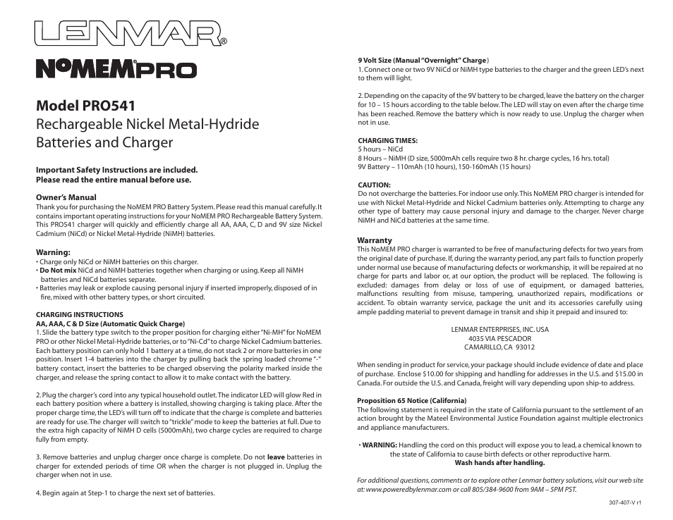 Lenmar PRO541 User Manual | 1 page