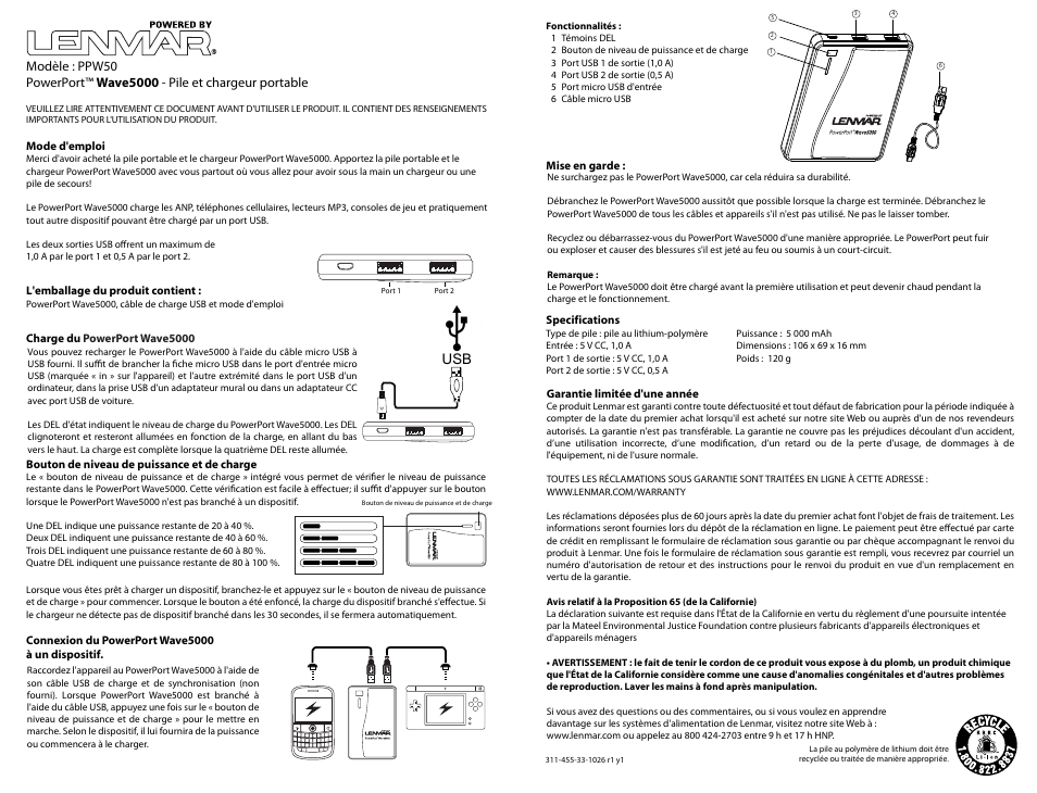 Ppw50manualfre.ai | Lenmar PPW50 User Manual | Page 2 / 3