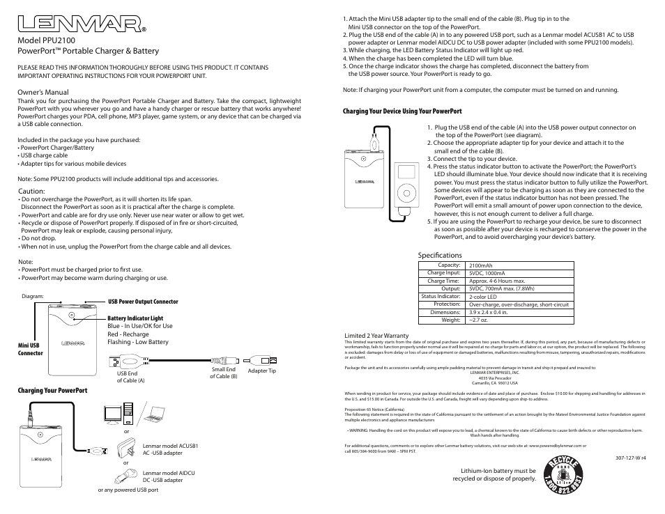 Lenmar PPU2100WB User Manual | 1 page