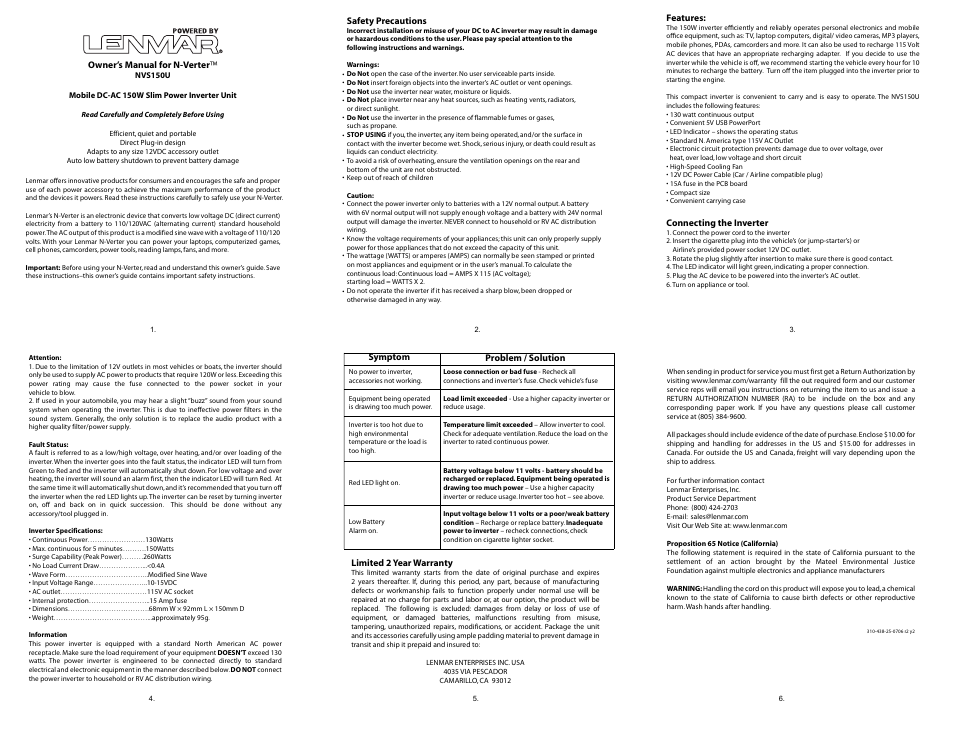 Lenmar NVS150U User Manual | 1 page