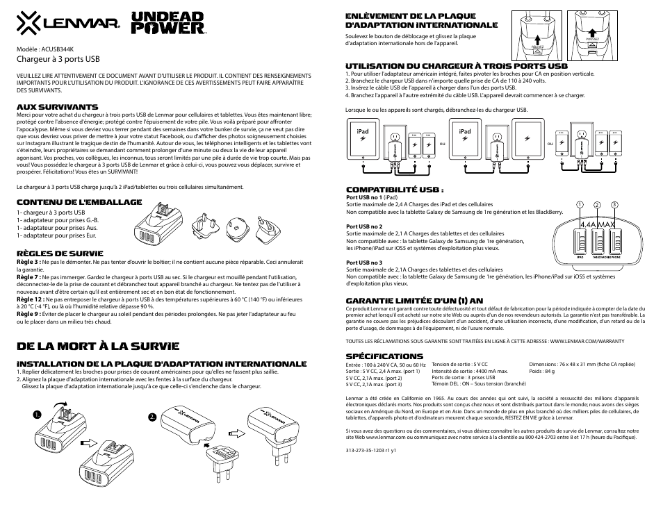 Acusb344manualfre2.ai, De la mort à la survie, Chargeur à 3 ports usb | Lenmar ACUSB344K User Manual | Page 2 / 3