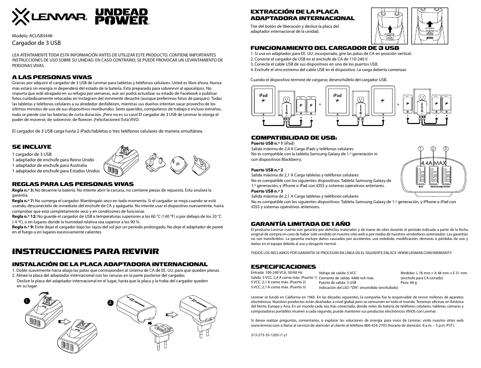 Acusb344manualspa2.ai, Instrucciones para revivir, Cargador de 3 usb | Lenmar ACUSB344K User Manual | Page 3 / 3