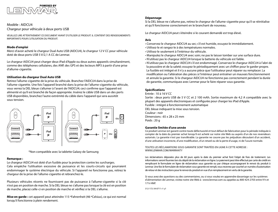 Aidcu4manualfre2.ai, Dual usb auto charger | Lenmar AIDCU4 User Manual | Page 2 / 3