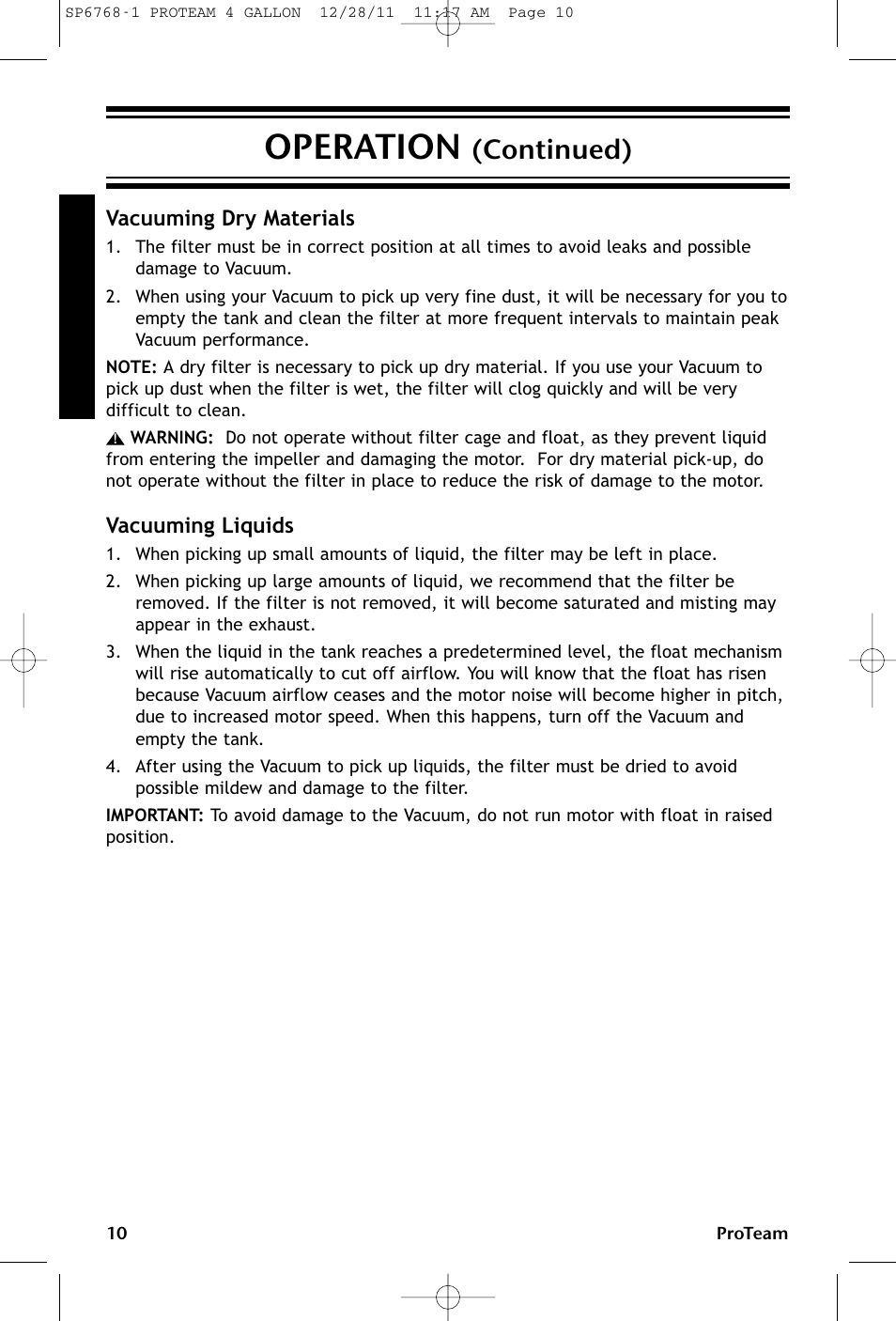 Operation, Continued), Vacuuming dry materials | Vacuuming liquids | ProTeam ProGuard 4 Portable User Manual | Page 10 / 60