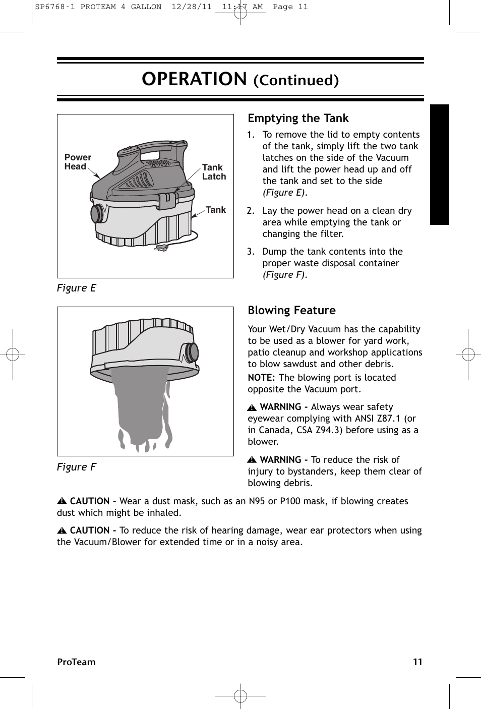 Operation, Continued), Emptying the tank blowing feature | ProTeam ProGuard 4 Portable User Manual | Page 11 / 60