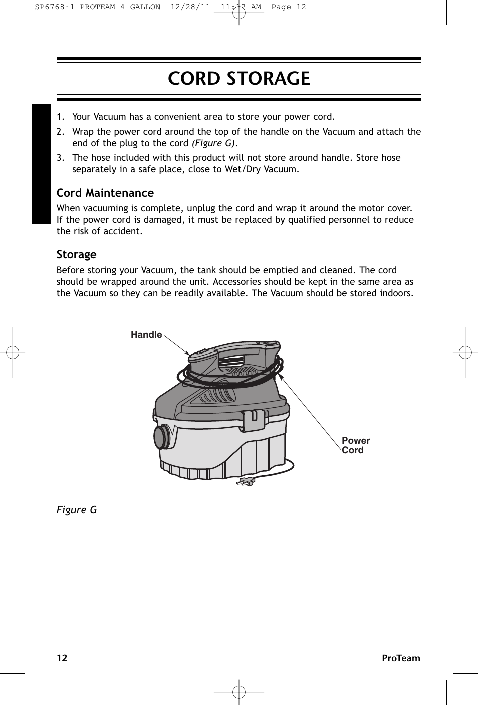 Cord storage, Cord maintenance, Storage | ProTeam ProGuard 4 Portable User Manual | Page 12 / 60