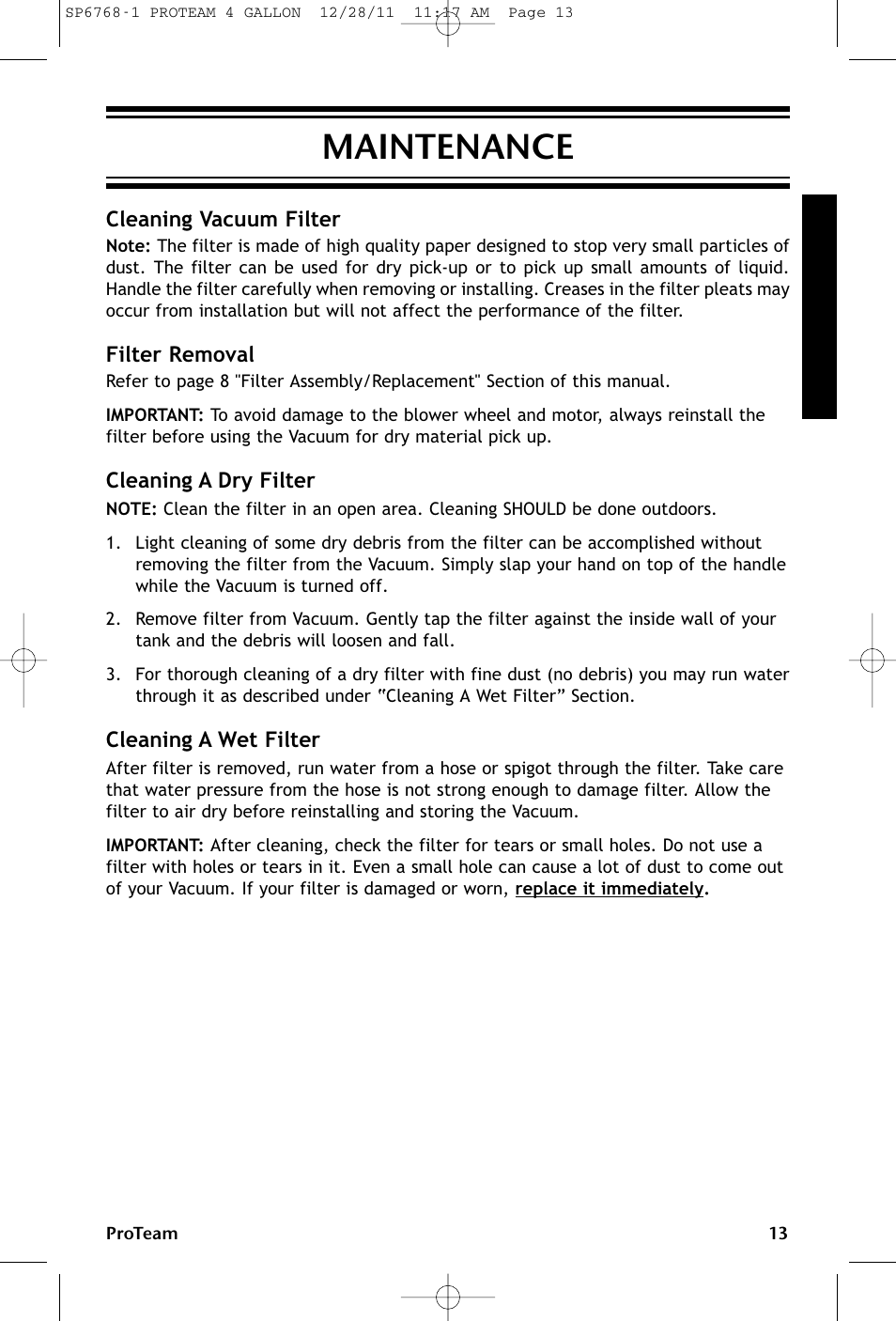 Maintenance, Cleaning vacuum filter, Filter removal | Cleaning a dry filter, Cleaning a wet filter | ProTeam ProGuard 4 Portable User Manual | Page 13 / 60