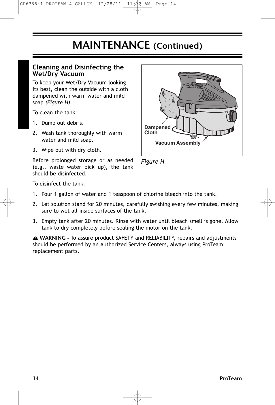 Maintenance, Continued), Cleaning and disinfecting the wet/dry vacuum | ProTeam ProGuard 4 Portable User Manual | Page 14 / 60