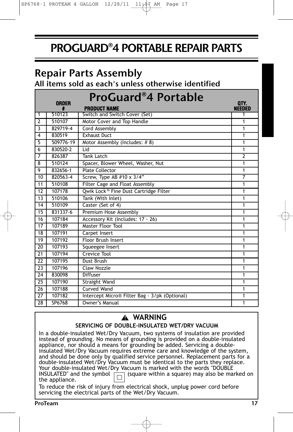 Proguard®4 portable, Proguard®4 portable repair parts, Repair parts assembly | Warning | ProTeam ProGuard 4 Portable User Manual | Page 17 / 60