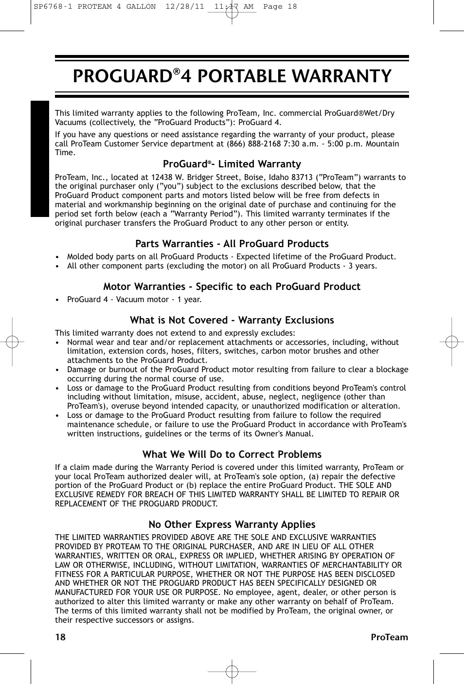 Proguard®4 portable warranty | ProTeam ProGuard 4 Portable User Manual | Page 18 / 60