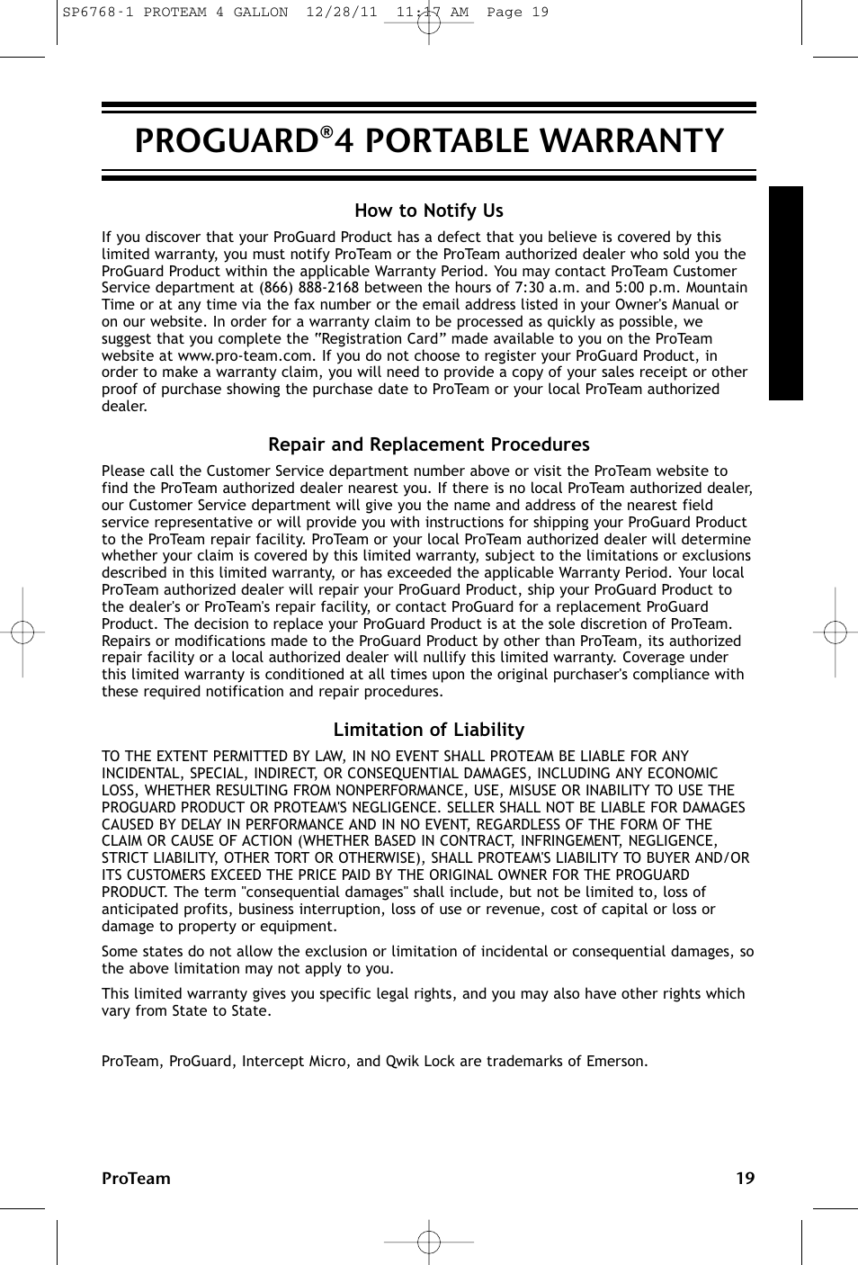 Proguard®4 portable warranty | ProTeam ProGuard 4 Portable User Manual | Page 19 / 60