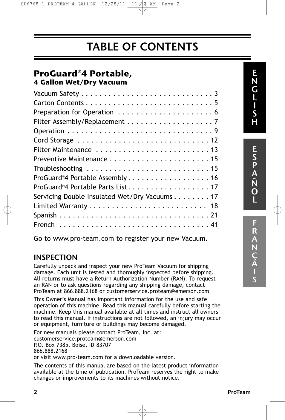 ProTeam ProGuard 4 Portable User Manual | Page 2 / 60