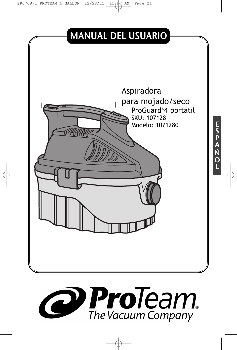 Manual del usuario, Aspiradora para mojado/seco | ProTeam ProGuard 4 Portable User Manual | Page 21 / 60