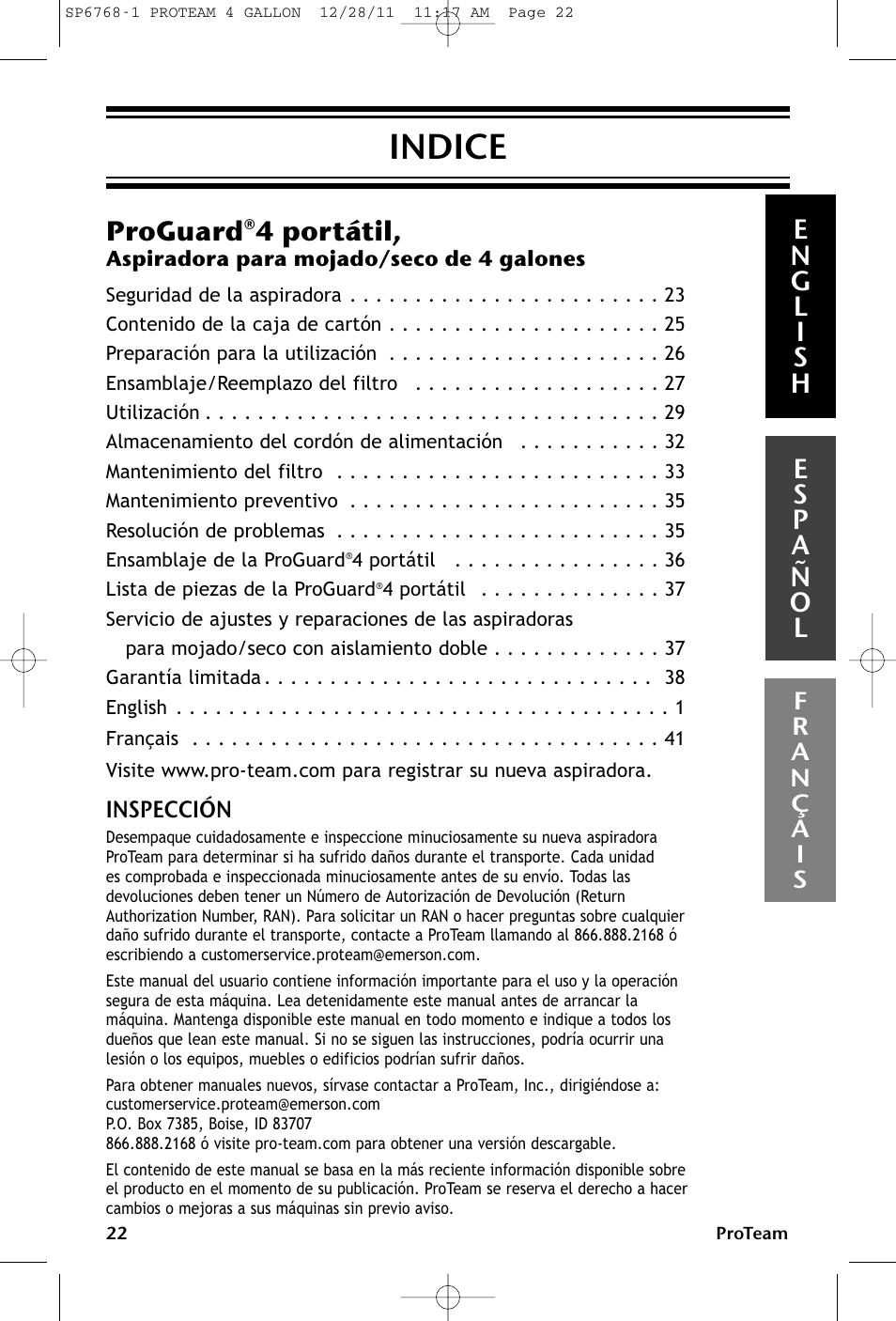 Indice, Proguard®4 portátil | ProTeam ProGuard 4 Portable User Manual | Page 22 / 60