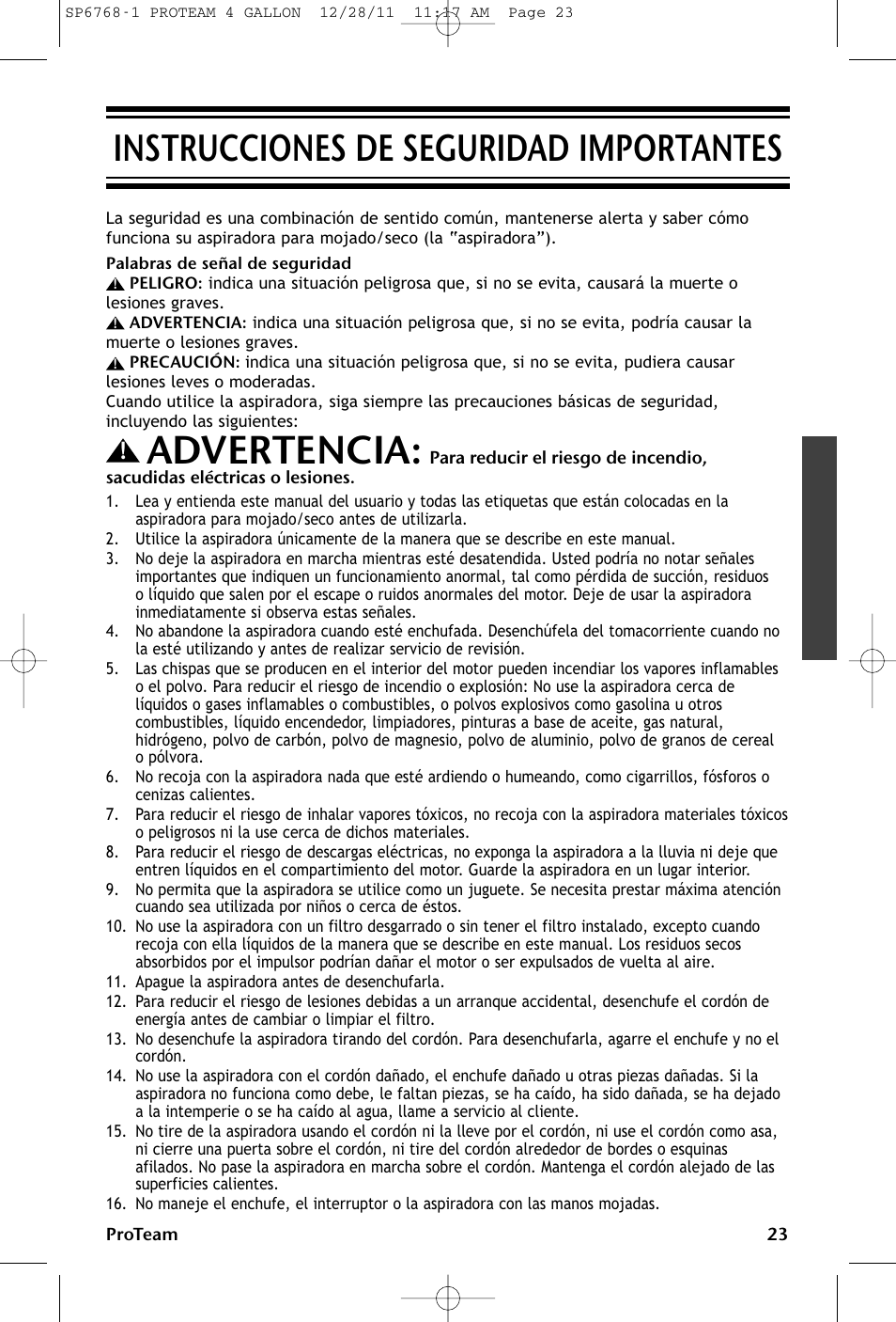 Advertencia, Instrucciones de seguridad importantes | ProTeam ProGuard 4 Portable User Manual | Page 23 / 60