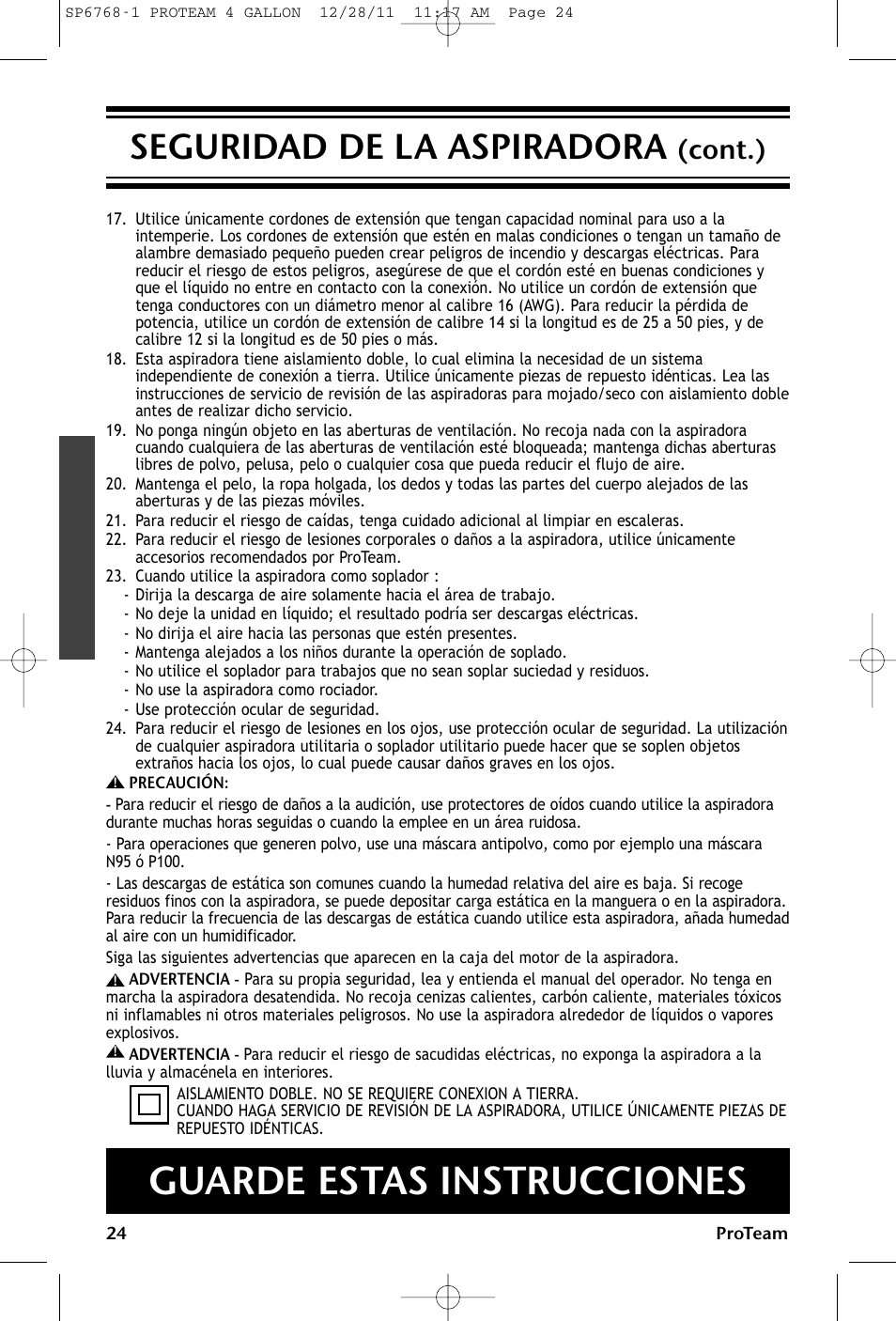 Guarde estas instrucciones, Seguridad de la aspiradora, Cont.) | ProTeam ProGuard 4 Portable User Manual | Page 24 / 60