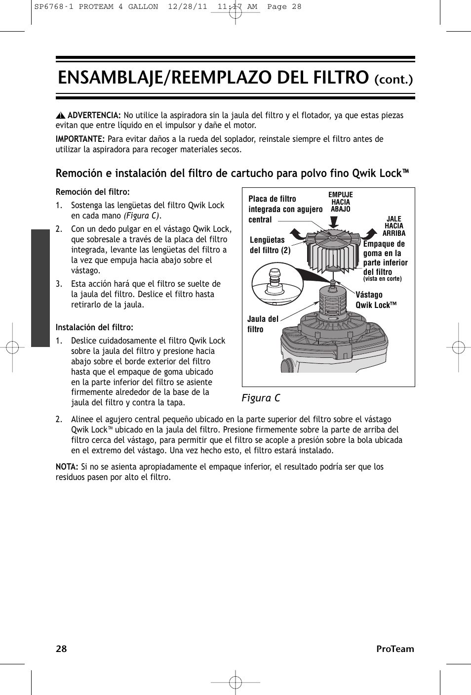 Ensamblaje/reemplazo del filtro, Cont.) | ProTeam ProGuard 4 Portable User Manual | Page 28 / 60