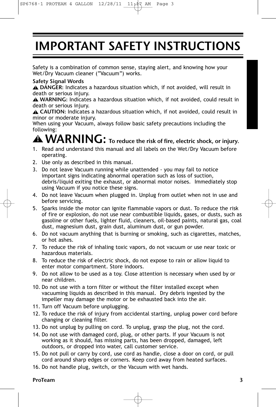 Important safety instructions, Warning | ProTeam ProGuard 4 Portable User Manual | Page 3 / 60