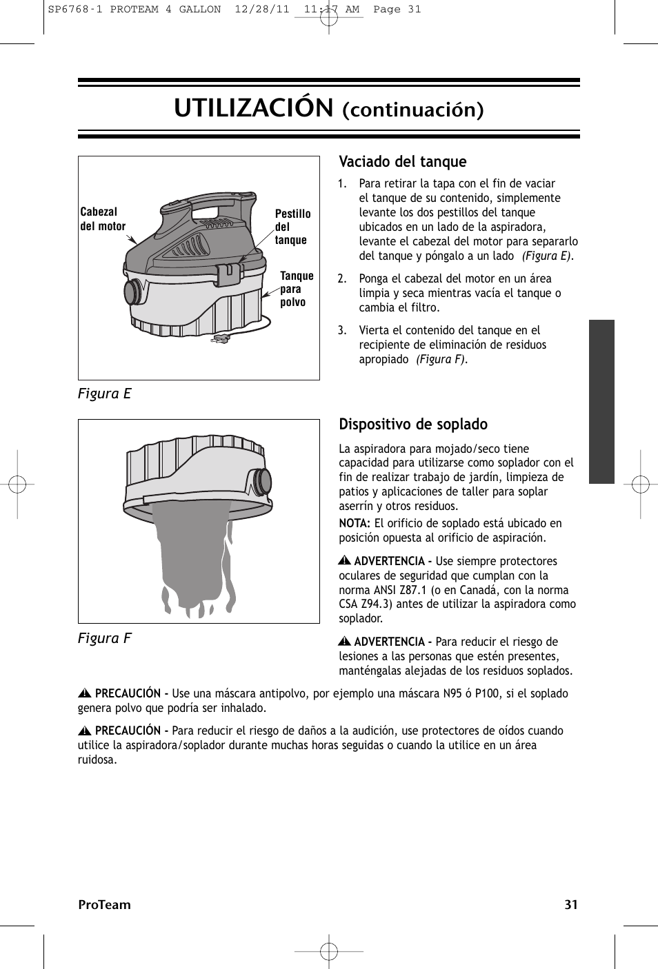 Utilización, Continuación), Vaciado del tanque dispositivo de soplado | ProTeam ProGuard 4 Portable User Manual | Page 31 / 60