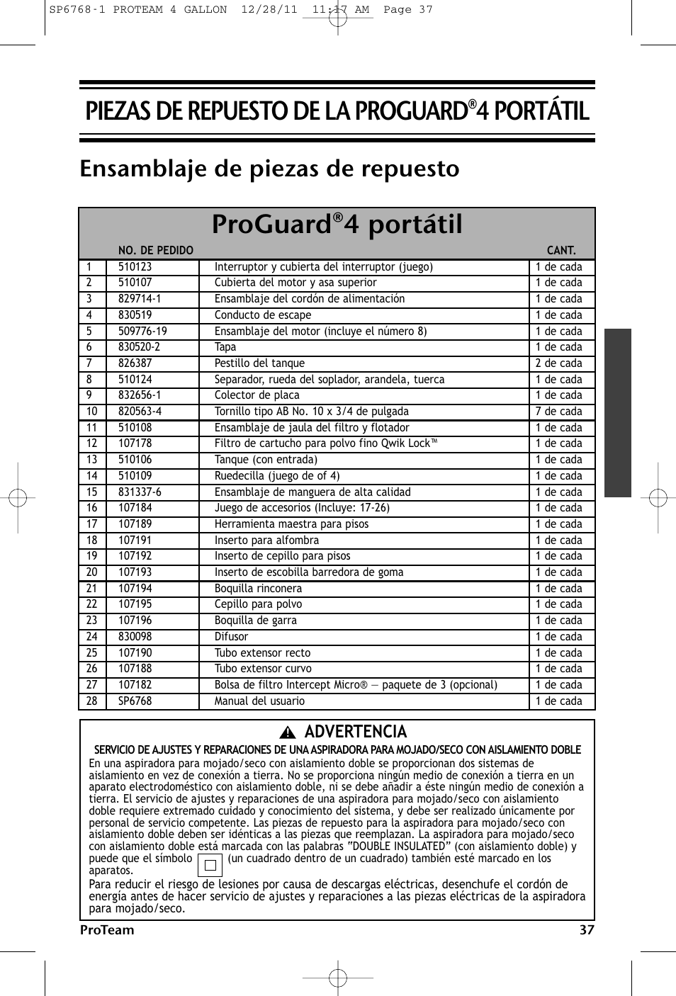 Ensamblaje de piezas de repuesto, Advertencia | ProTeam ProGuard 4 Portable User Manual | Page 37 / 60