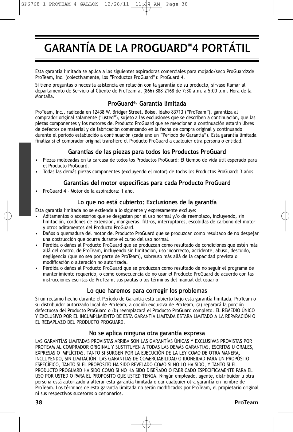 Garantía de la proguard®4 portátil | ProTeam ProGuard 4 Portable User Manual | Page 38 / 60