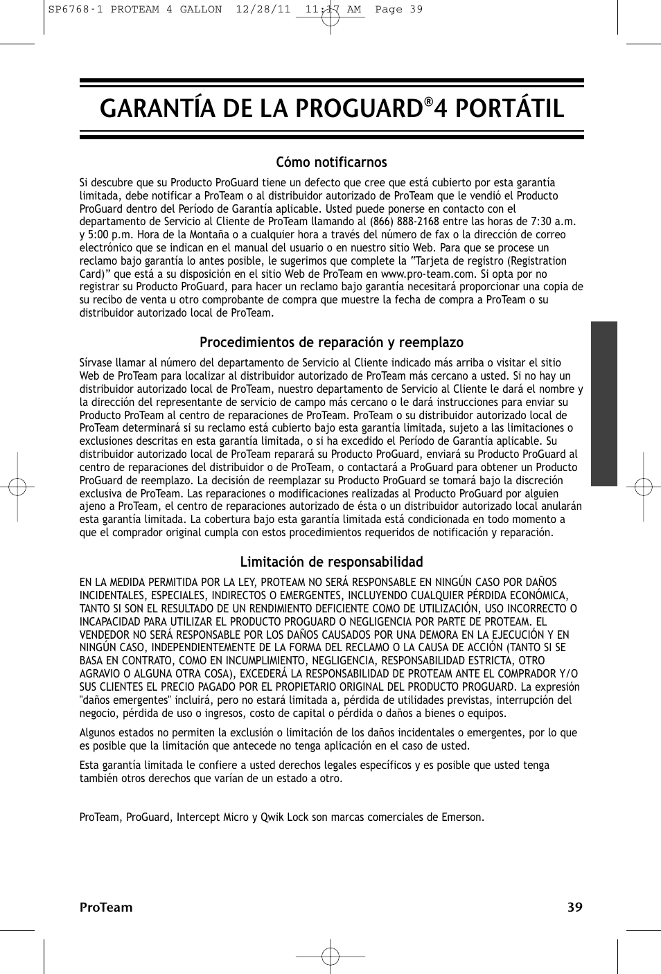 Garantía de la proguard®4 portátil | ProTeam ProGuard 4 Portable User Manual | Page 39 / 60