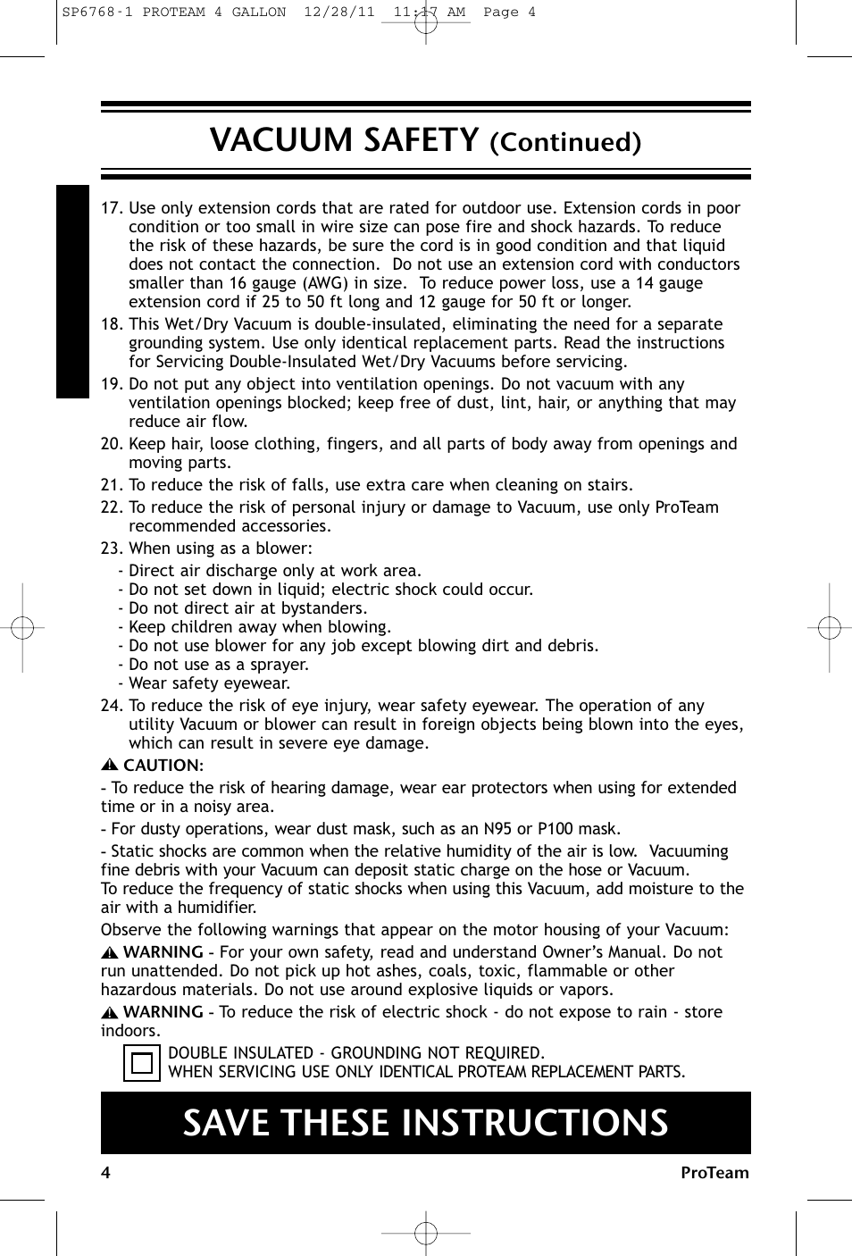 Save these instructions, Vacuum safety, Continued) | ProTeam ProGuard 4 Portable User Manual | Page 4 / 60