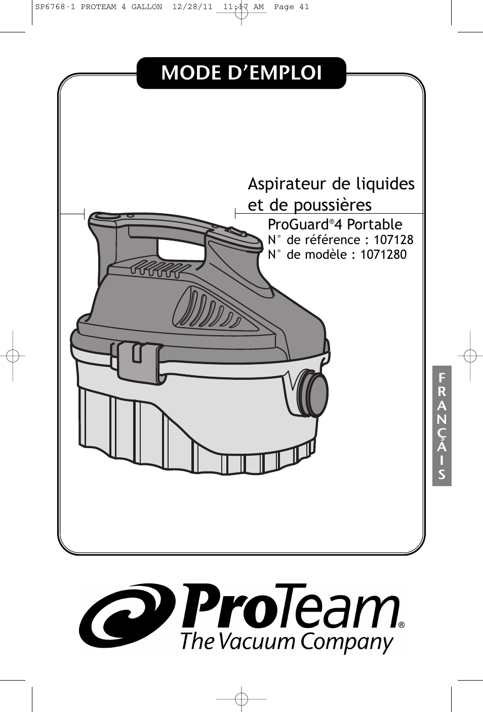 Mode d’emploi, Aspirateur de liquides et de poussières | ProTeam ProGuard 4 Portable User Manual | Page 41 / 60