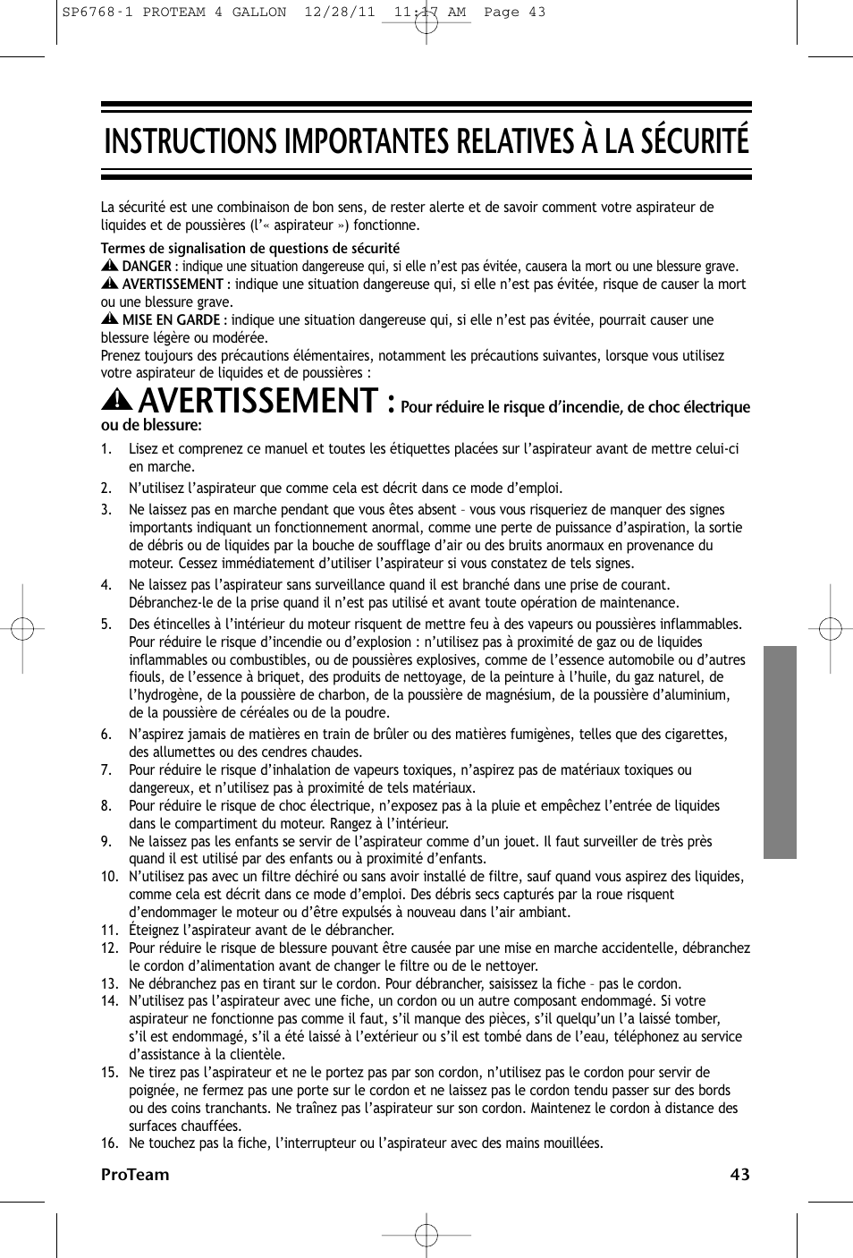 Instructions importantes relatives à la sécurité, Avertissement | ProTeam ProGuard 4 Portable User Manual | Page 43 / 60