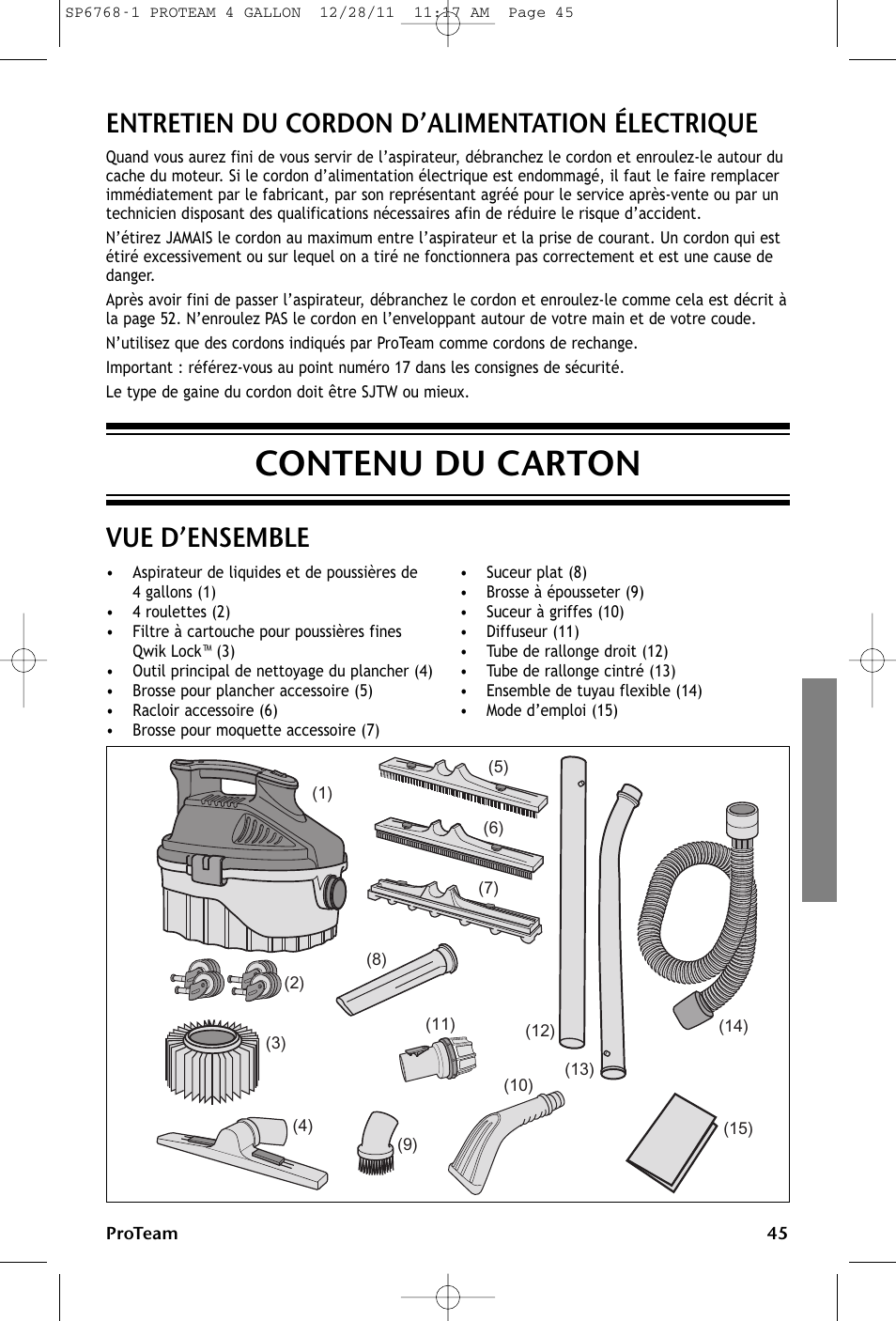 Contenu du carton, Entretien du cordon d’alimentation électrique, Vue d’ensemble | ProTeam ProGuard 4 Portable User Manual | Page 45 / 60