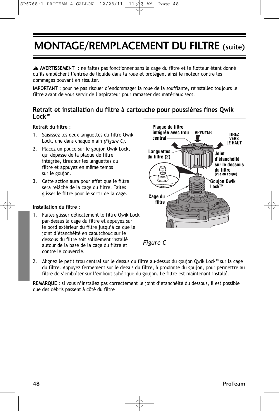 Montage/remplacement du filtre, Suite) | ProTeam ProGuard 4 Portable User Manual | Page 48 / 60