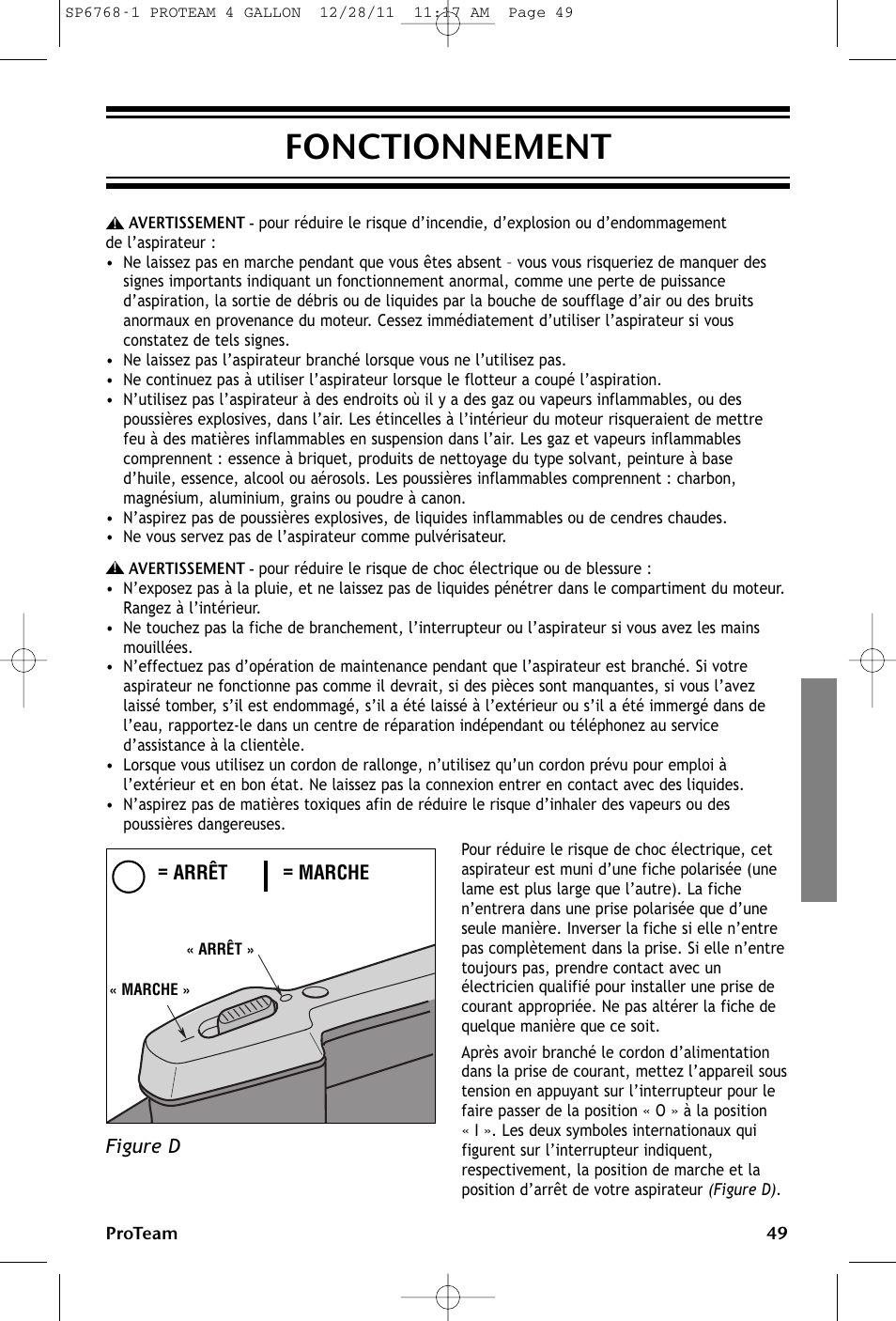 Fonctionnement | ProTeam ProGuard 4 Portable User Manual | Page 49 / 60