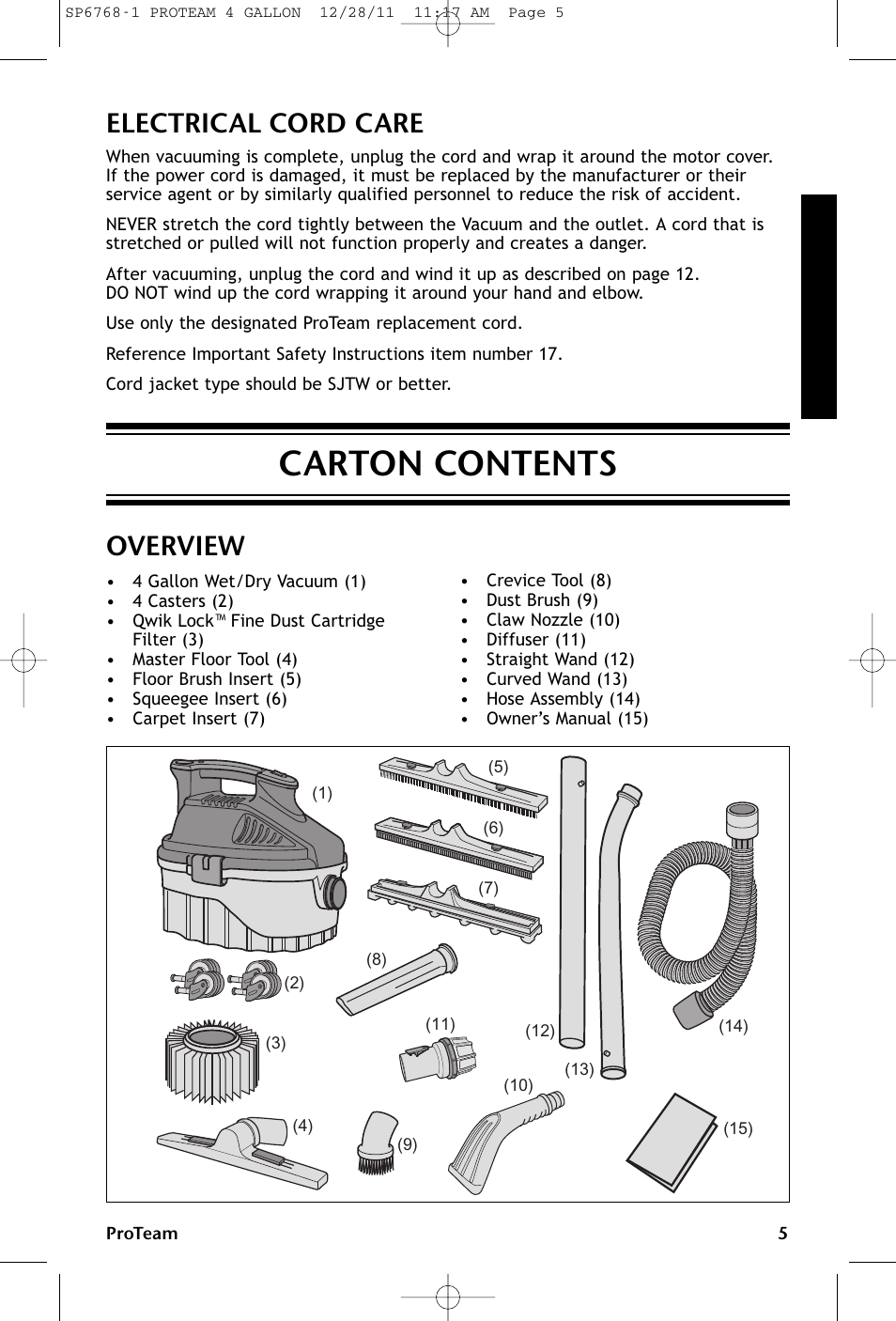 Carton contents, Electrical cord care, Overview | ProTeam ProGuard 4 Portable User Manual | Page 5 / 60