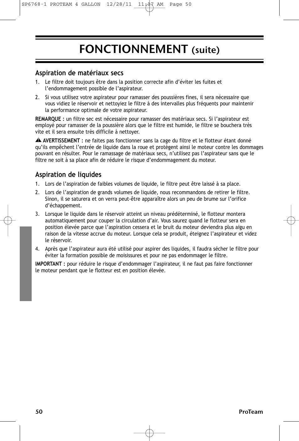 Fonctionnement, Suite), Aspiration de matériaux secs | Aspiration de liquides | ProTeam ProGuard 4 Portable User Manual | Page 50 / 60