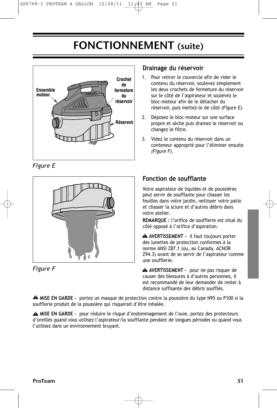 Fonctionnement, Suite), Drainage du réservoir fonction de soufflante | ProTeam ProGuard 4 Portable User Manual | Page 51 / 60