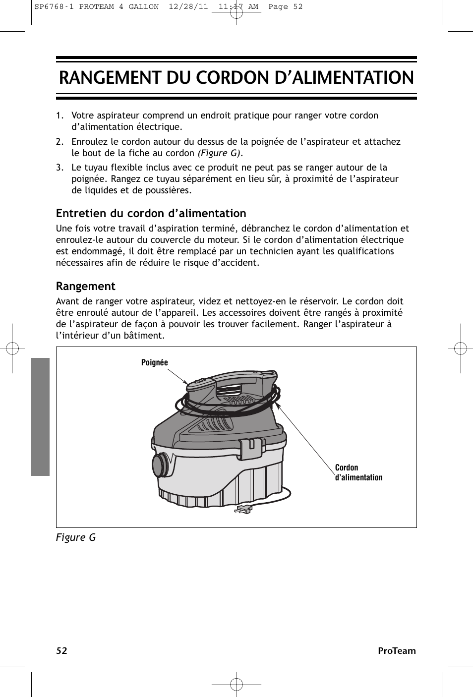Rangement du cordon d’alimentation, Entretien du cordon d’alimentation, Rangement | ProTeam ProGuard 4 Portable User Manual | Page 52 / 60