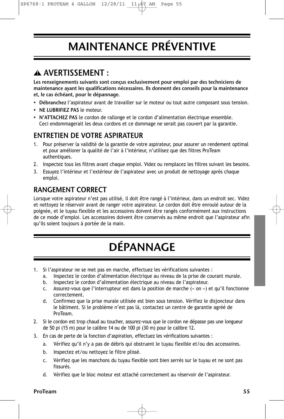 Maintenance préventive dépannage, Avertissement, Entretien de votre aspirateur | Rangement correct | ProTeam ProGuard 4 Portable User Manual | Page 55 / 60