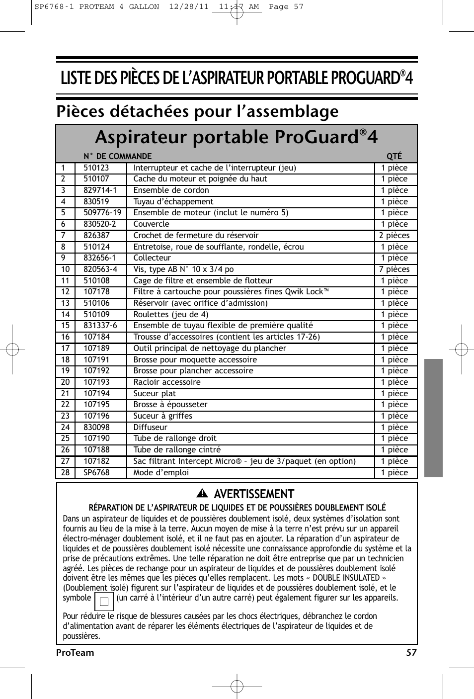 Pièces détachées pour l’assemblage, Avertissement | ProTeam ProGuard 4 Portable User Manual | Page 57 / 60