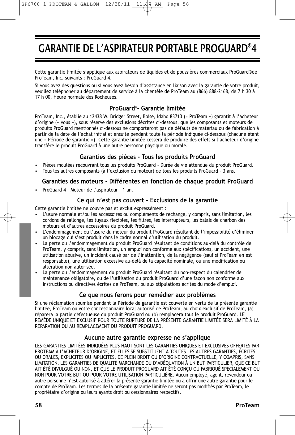 Garantie de l’aspirateur portable proguard®4 | ProTeam ProGuard 4 Portable User Manual | Page 58 / 60