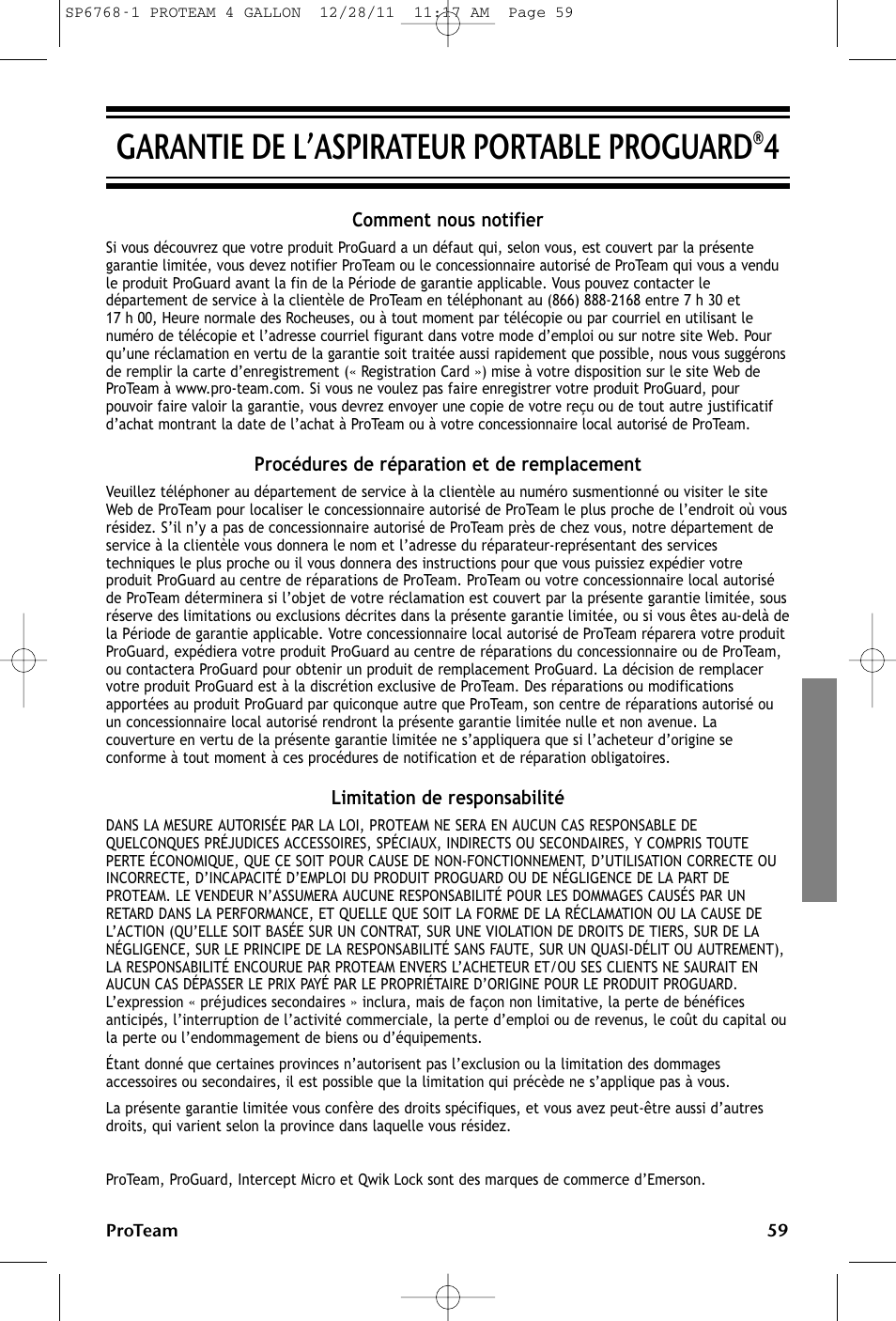 Garantie de l’aspirateur portable proguard®4 | ProTeam ProGuard 4 Portable User Manual | Page 59 / 60