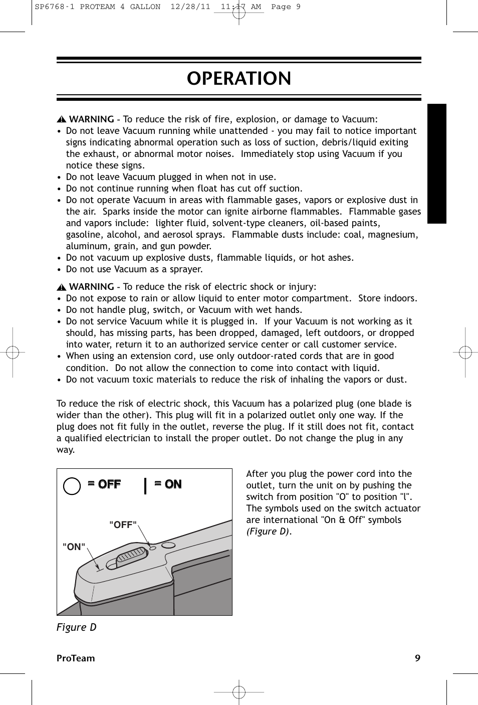 Operation, O of ff f = = o on n | ProTeam ProGuard 4 Portable User Manual | Page 9 / 60