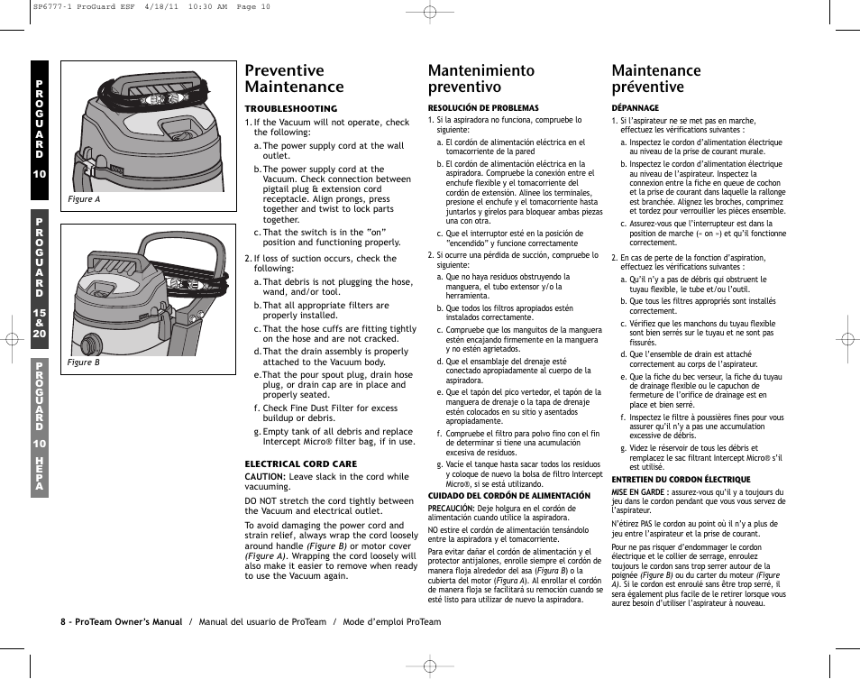 Preventive maintenance, Mantenimiento preventivo, Maintenance préventive | ProTeam ProGuard 20 User Manual | Page 10 / 48