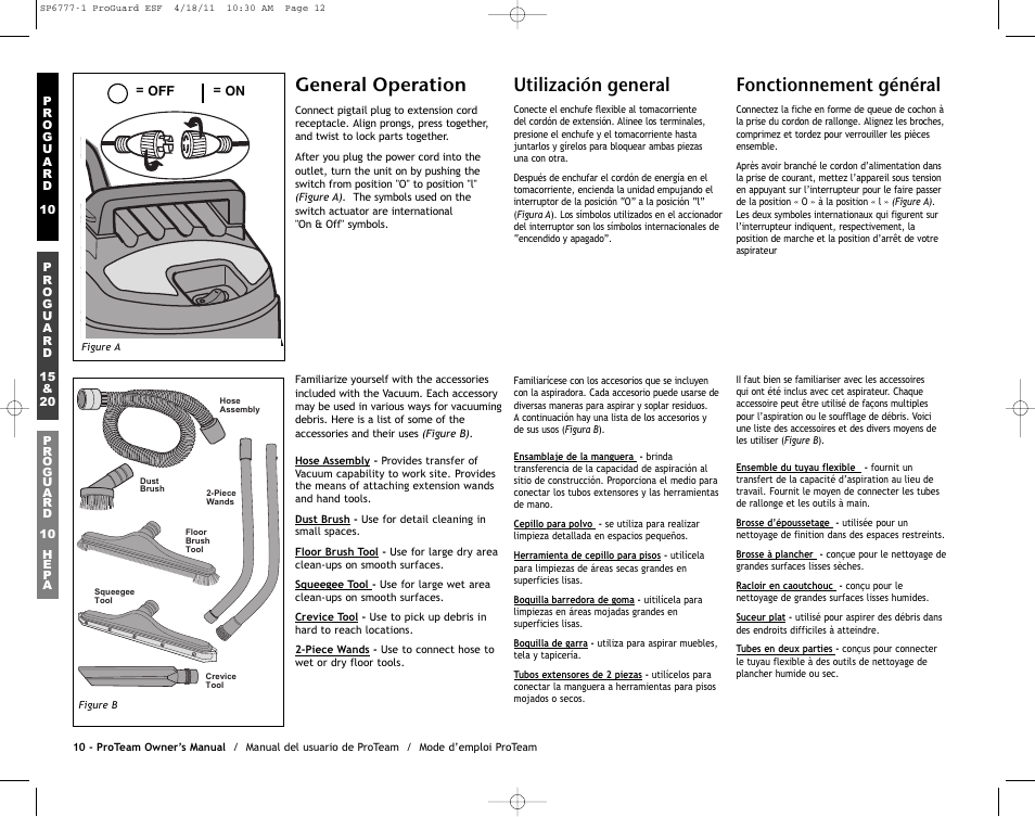 General operation, Utilización general, Fonctionnement général | ProTeam ProGuard 20 User Manual | Page 12 / 48